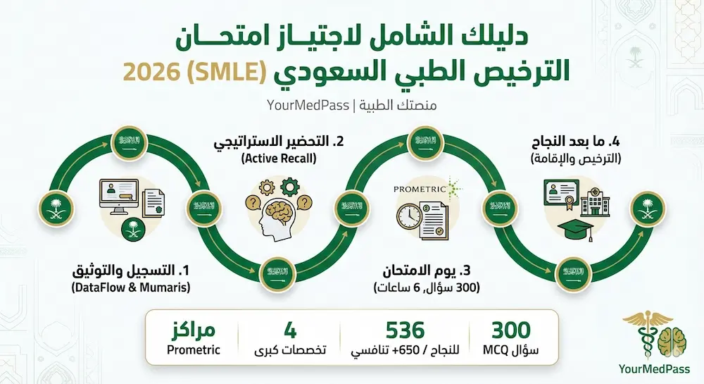 دليل امتحان الترخيص الطبي السعودي SMLE — هيكل الامتحان والتسجيل واستراتيجية التحضير للنجاح بدرجة تنافسية