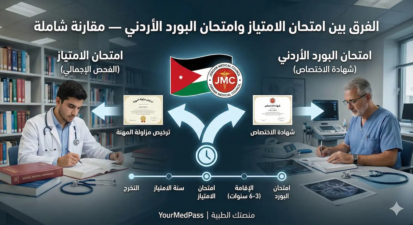 الفرق بين امتحان الامتياز وامتحان البورد الأردني — مقارنة شاملة